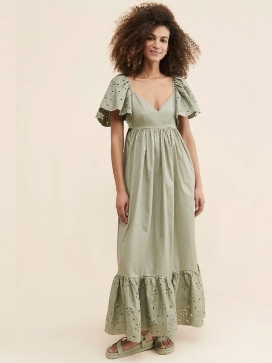 En Saison Dresses & Skirts - En Saison Anthropologie Eyelet Flutter Sleeve Cotton VNeck Maxi Dress Pockets XS